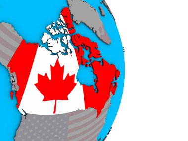 Basit siyasi 3d dünya üzerinde katıştırılmış ulusal bayrak ile Kanada. 3D çizim.