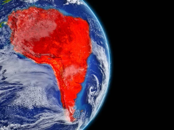 South America on planet Earth with highly detailed planet surface and clouds. Continent highlighted in red. 3D illustration. Elements of this image furnished by NASA.