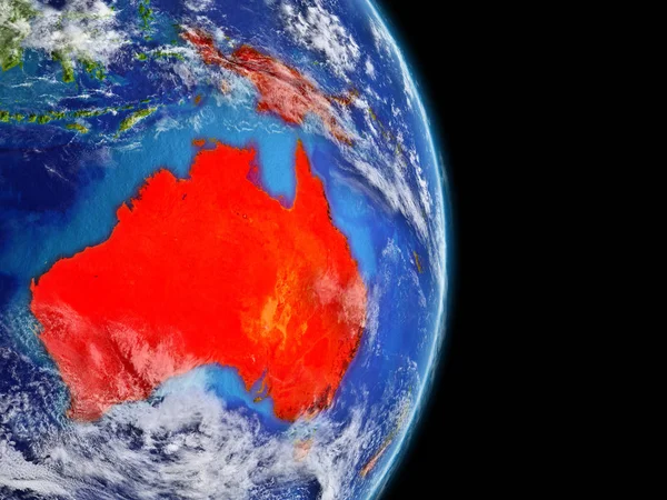 Australia on planet Earth with highly detailed planet surface and clouds. Continent highlighted in red. 3D illustration. Elements of this image furnished by NASA.
