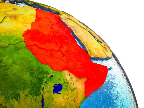 东北非洲在3D 地球模型中突出显示了水和可见的国家边界 — 图库照片