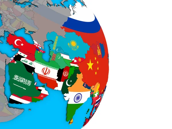 Azië Met Ingesloten Nationale Vlaggen Eenvoudige Politieke Globe Illustratie — Stockfoto