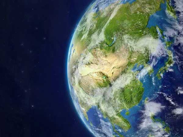 Азия Космоса Красивой Модели Планеты Земля Подробной Поверхностью Планеты Облаками — стоковое фото