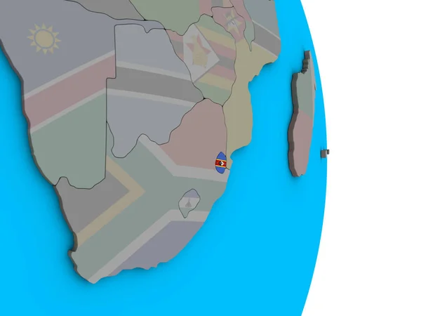 Eswatini 在简单的政治3D 地球仪上嵌入国旗 — 图库照片