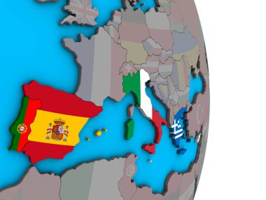 Güney Avrupa basit siyasi 3d dünya üzerinde katıştırılmış ülke bayrakları ile. 3D çizim.