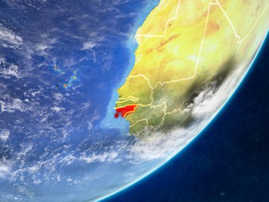 Gine-Bissau modeli bir ülke sınırları ve çok detaylı gezegenin yüzey ve bulutlar Dünya gezegeni. 3D çizim. Nasa tarafından döşenmiş bu görüntü unsurları.