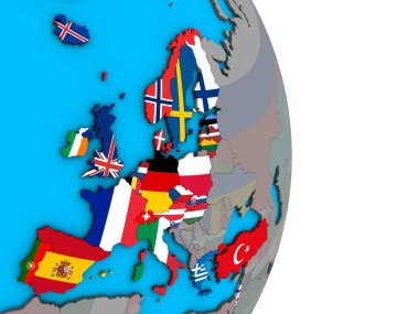 Basit siyasi 3d dünya üzerinde katıştırılmış ülke bayrakları ile OECD Avrupa ülkeleri. 3D çizim.