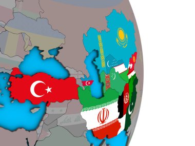 Eko üye devletler basit siyasi 3d dünya üzerinde katıştırılmış ülke bayrakları ile. 3D çizim.