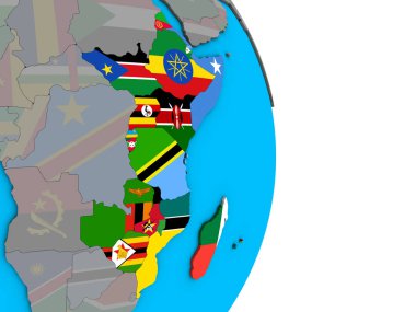 Basit siyasi 3d dünya üzerinde katıştırılmış ülke bayrakları ile Doğu Afrika. 3D çizim.