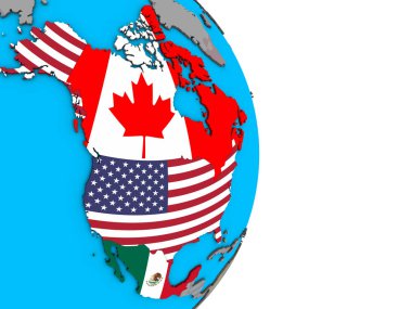 NAFTA ülkeleri basit siyasi 3d dünya üzerinde katıştırılmış ülke bayrakları ile. 3D çizim.