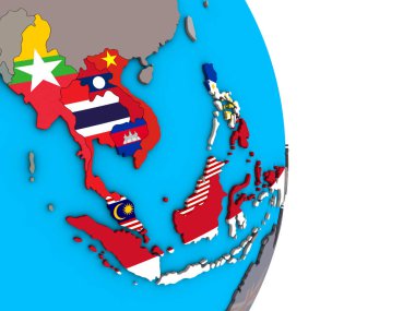 ASEAN ülkeleri basit siyasi 3d dünya üzerinde katıştırılmış ülke bayrakları ile. 3D çizim.