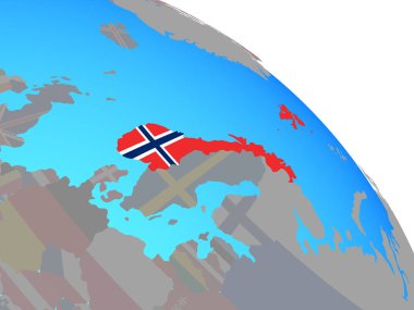 Norway with national flag on simple blue political globe. 3D illustration.