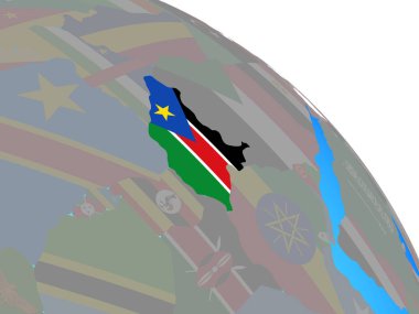 Güney Sudan basit mavi siyasi dünya üzerinde ulusal bayrak ile. 3D çizim.