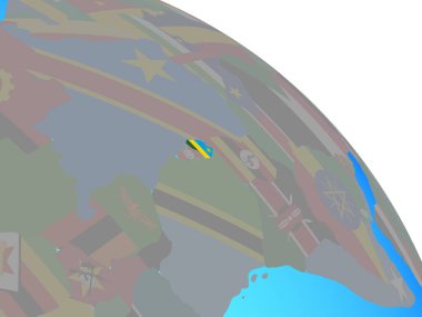 Basit mavi siyasi dünya üzerinde ulusal bayrak ile Ruanda. 3D çizim.