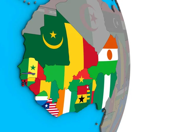 西部非洲在简单的政治3D 地球上嵌入国旗 — 图库照片
