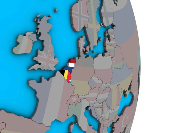 Benelux Union Mit Eingebetteten Nationalflaggen Auf Einem Einfachen Politischen Globus — Stockfoto