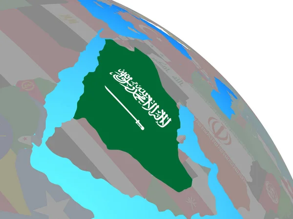 Саудовская Аравия Государственным Флагом Простом Голубом Политическом Глобусе Иллюстрация — стоковое фото