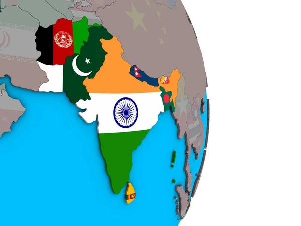 Saarc Memeber States Embedded National Flags Simple Political Globe Illustration — Stock Photo, Image