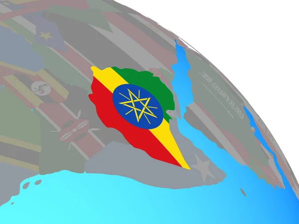 Ethiopië Met Nationale Vlag Eenvoudige Blauwe Politieke Wereldbol Illustratie — Stockfoto