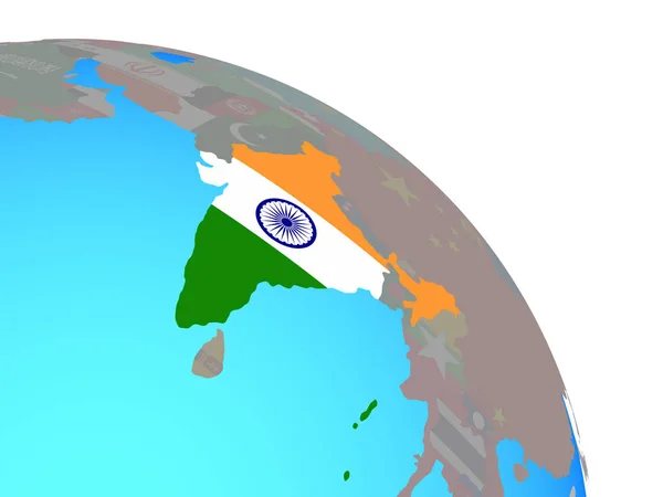 印度与国旗在简单的蓝色政治世界 — 图库照片