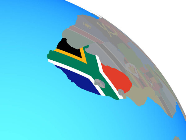 South Africa with national flag on simple blue political globe. 3D illustration.