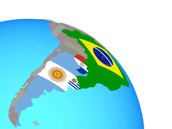 Mercosur Memebers Flagi Narodowe Prosty Niebieski Globus Polityczny Ilustracja — Zdjęcie stockowe