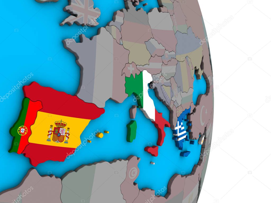Southern Europe with embedded national flags on simple political 3D globe. 3D illustration.