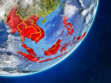 ASEAN ülkeleri modeli bir ülke sınırları ve çok detaylı gezegenin yüzey ve bulutlar Dünya gezegeni. 3D çizim. Nasa tarafından döşenmiş bu görüntü unsurları.