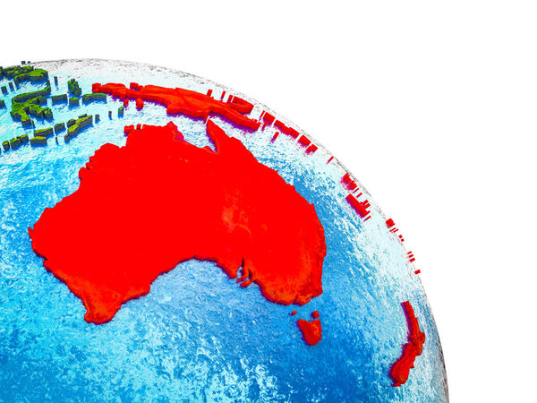 Australia Highlighted on 3D Earth model with water and visible country borders. 3D illustration.