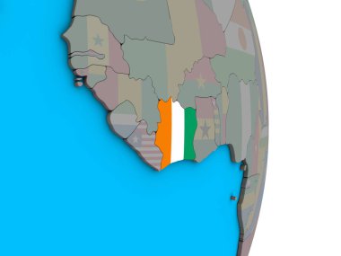 Fildişi Sahili ile basit siyasi 3d dünya üzerinde katıştırılmış ulusal bayrak. 3D çizim.