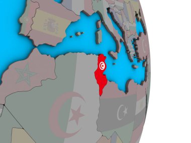 Tunus basit siyasi 3d dünya üzerinde katıştırılmış ulusal bayrak ile. 3D çizim.