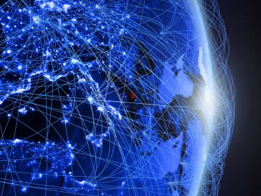 Kosova mavi dijital Planet Earth ile ağ. Bağlantı, seyahat ve iletişim kavramı. 3D çizim. Nasa tarafından döşenmiş bu görüntü unsurları.