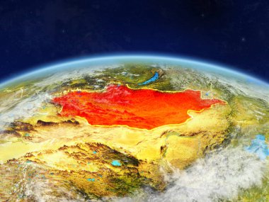Moğolistan Planet Earth ile ülke sınırları ve son derece detaylı gezegenin yüzeyi ve bulutlar. 3D çizim. Nasa tarafından döşenmiş bu görüntü unsurları.