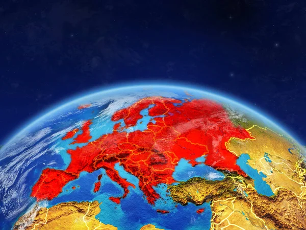 Europe on planet Earth with country borders and highly detailed planet surface and clouds. 3D illustration. Elements of this image furnished by NASA.