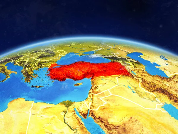Turkey on planet Earth with country borders and highly detailed planet surface and clouds. 3D illustration. Elements of this image furnished by NASA.