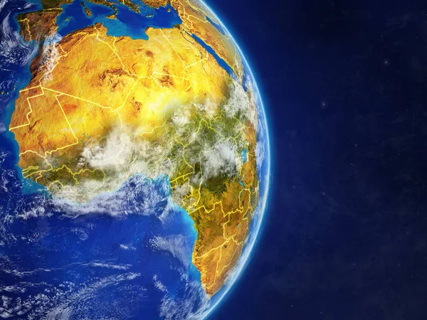 Africa on planet Earth with country borders and highly detailed planet surface and clouds. 3D illustration. Elements of this image furnished by NASA.