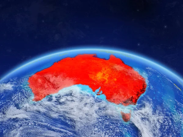 Australia on planet Earth with country borders and highly detailed planet surface and clouds. 3D illustration. Elements of this image furnished by NASA.