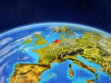 Hollanda Planet Earth ile ülke sınırları ve son derece detaylı gezegenin yüzeyi ve bulutlar. 3D çizim. Nasa tarafından döşenmiş bu görüntü unsurları.
