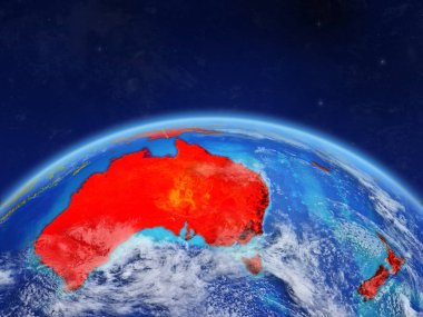 Avustralya Planet Earth ile ülke sınırları ve son derece detaylı gezegenin yüzeyi ve bulutlar. 3D çizim. Nasa tarafından döşenmiş bu görüntü unsurları.
