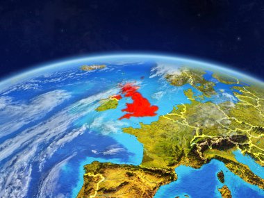 Planet Earth ülke sınırları ve son derece detaylı gezegenin yüzeyi ve bulutlar ile İngiltere. 3D çizim. Nasa tarafından döşenmiş bu görüntü unsurları.