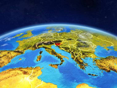 Slovenya Planet Earth ile ülke sınırları ve son derece detaylı gezegenin yüzeyi ve bulutlar. 3D çizim. Nasa tarafından döşenmiş bu görüntü unsurları.