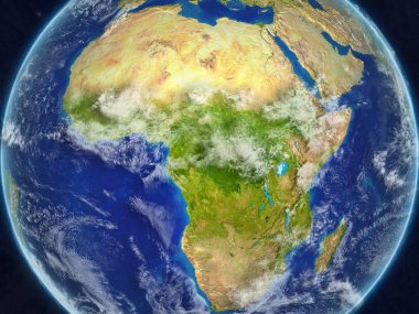 Afrika gerçekçi modeli bir çok ayrıntılı gezegenin yüzey ve bulutlar Dünya gezegeni uzaydan. 3D çizim. Nasa tarafından döşenmiş bu görüntü unsurları.