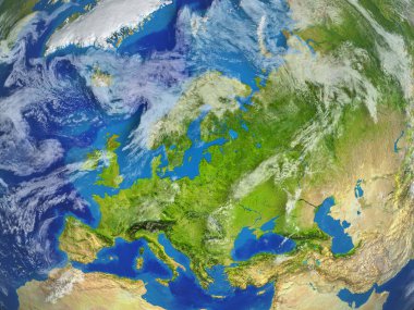 Avrupa gerçekçi modeli bir çok ayrıntılı gezegenin yüzey ve bulutlar Dünya gezegeni uzaydan. 3D çizim. Nasa tarafından döşenmiş bu görüntü unsurları.