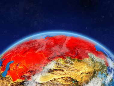 Eski Sovyetler Birliği Planet Earth ile ülke sınırları ve son derece detaylı gezegenin yüzeyi ve bulutlar. 3D çizim. Nasa tarafından döşenmiş bu görüntü unsurları.