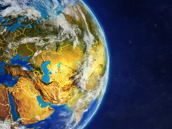 Asia on planet Earth with country borders and highly detailed planet surface and clouds. 3D illustration. Elements of this image furnished by NASA.