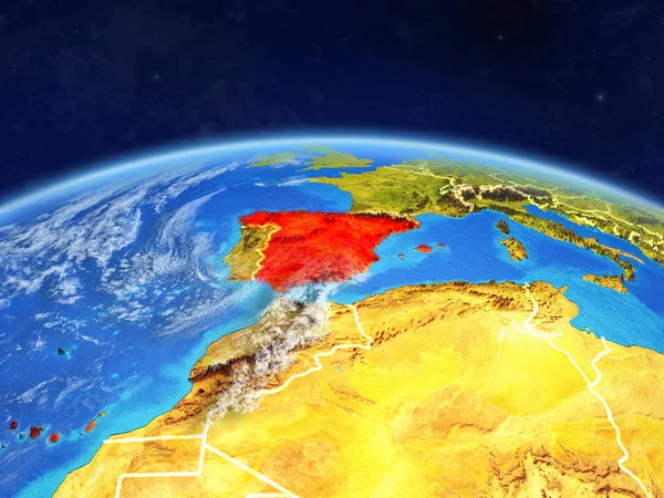 Spain on planet Earth with country borders and highly detailed planet surface and clouds. 3D illustration. Elements of this image furnished by NASA.
