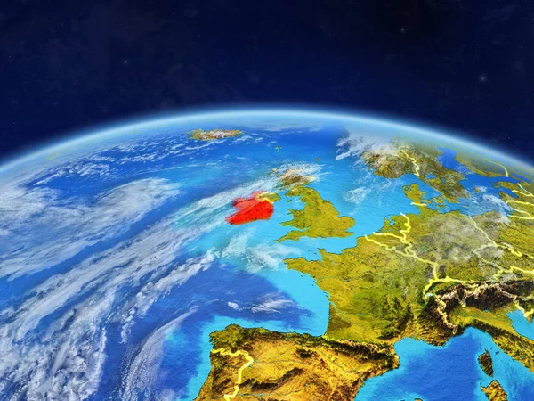 Ireland on planet Earth with country borders and highly detailed planet surface and clouds. 3D illustration. Elements of this image furnished by NASA.