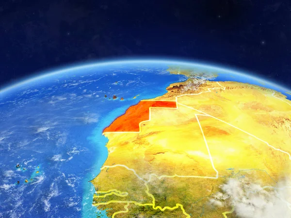 Western Sahara on planet Earth with country borders and highly detailed planet surface and clouds. 3D illustration. Elements of this image furnished by NASA.