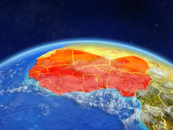 Western Africa on planet Earth with country borders and highly detailed planet surface and clouds. 3D illustration. Elements of this image furnished by NASA.
