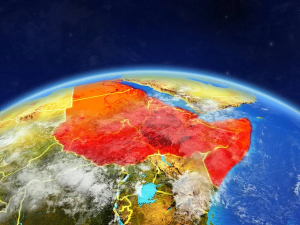Northeast Africa on planet Earth with country borders and highly detailed planet surface and clouds. 3D illustration. Elements of this image furnished by NASA.