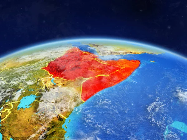 Horn of Africa on planet Earth with country borders and highly detailed planet surface and clouds. 3D illustration. Elements of this image furnished by NASA.